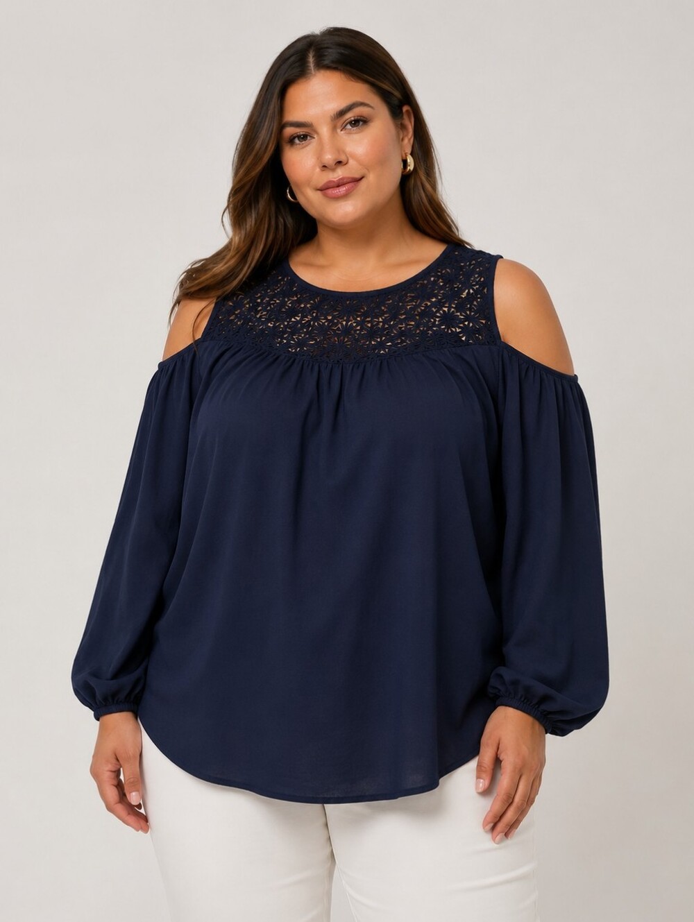 Jessica Simpson Women's Cold Shoulder Lace Yoke Blouse Navy Blue XL NWT.